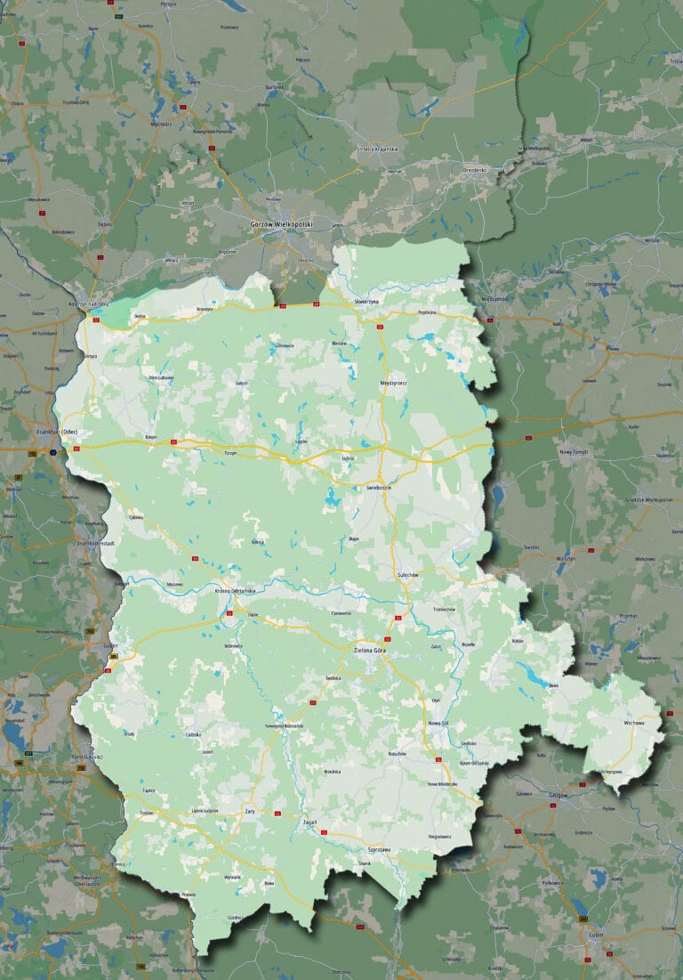Mapa woj. lubuskiego z zaznaczonym obszarem naszego działania